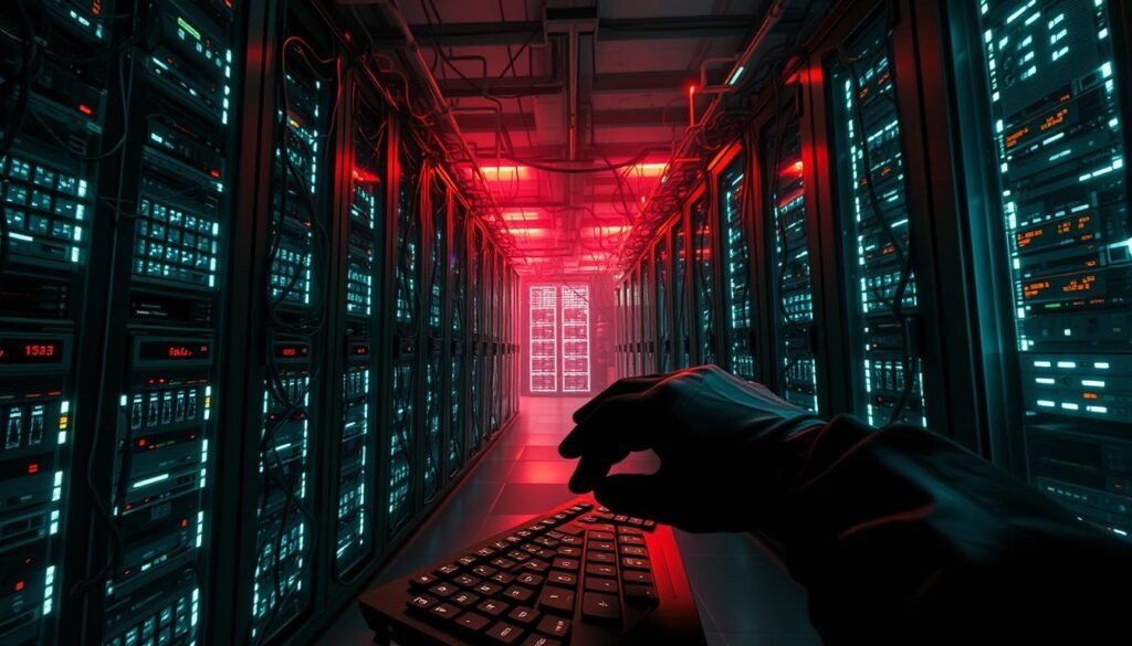 A sprawling data center, its servers illuminated by a soft, ethereal glow. Intricate networks of cables and circuits intertwine, conveying the invisible flow of sensitive information. In the foreground, a gloved hand reaches towards a keyboard, poised to infiltrate the system. The scene exudes an atmosphere of tension and unease, hinting at the malicious intent lurking beneath the surface. Dramatic lighting casts dramatic shadows, heightening the sense of foreboding. The image captures the essence of the "How attackers strike: initial access, extortion, and data leverage" section, illustrating the vulnerabilities that cybercriminals exploit.