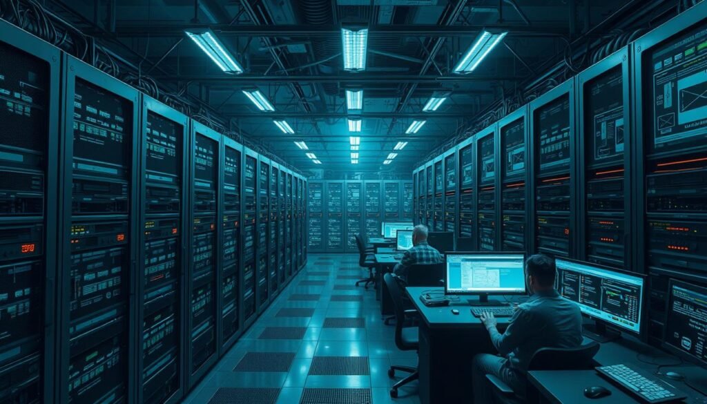 A sprawling fortress of servers, their metal frames gleaming under harsh floodlights. Rows of monitors display intricate network diagrams, firewalls, and security protocols. Administrators in focused concentration, fingers flying across keyboards, guarding the digital citadel against the relentless onslaught of malicious emails. Towering racks of storage, backup tapes, and redundant systems, a fortress against data loss. The air is charged with an aura of vigilance, where every packet is scrutinized, every threat neutralized. This is the backbone of modern mail security, a technological stronghold against the dark forces that seek to compromise the integrity of digital communication.
