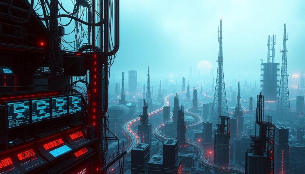 A sprawling network landscape, with digital pathways weaving through a dystopian cityscape. In the foreground, a central monitoring hub, its screens displaying a continuous stream of data, alerting to potential threats. Towering data centers and communication towers rise in the middle ground, their LED lights casting an eerie glow. In the background, a hazy, neon-tinged skyline, hinting at the scale and complexity of the connected world. A sense of vigilance and control pervades the scene, as the blue team safeguards this intricate digital ecosystem against unseen dangers.