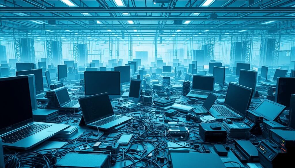 A sprawling technological landscape, with a diverse array of digital devices occupying the foreground. Sleek laptops, cutting-edge smartphones, and an assortment of internet-connected gadgets are arranged in a dynamic, asymmetrical composition. The middle ground features a tangled web of cables and wires, hinting at the complex infrastructure that powers these modern tools. In the background, a soft, hazy glow emanates from a matrix of servers, data centers, and cloud computing infrastructure, conveying a sense of scale and the ever-expanding attack surface. The scene is bathed in a cool, blue-tinged lighting, lending a sense of futuristic unease and the constant threat of cyber vulnerabilities.