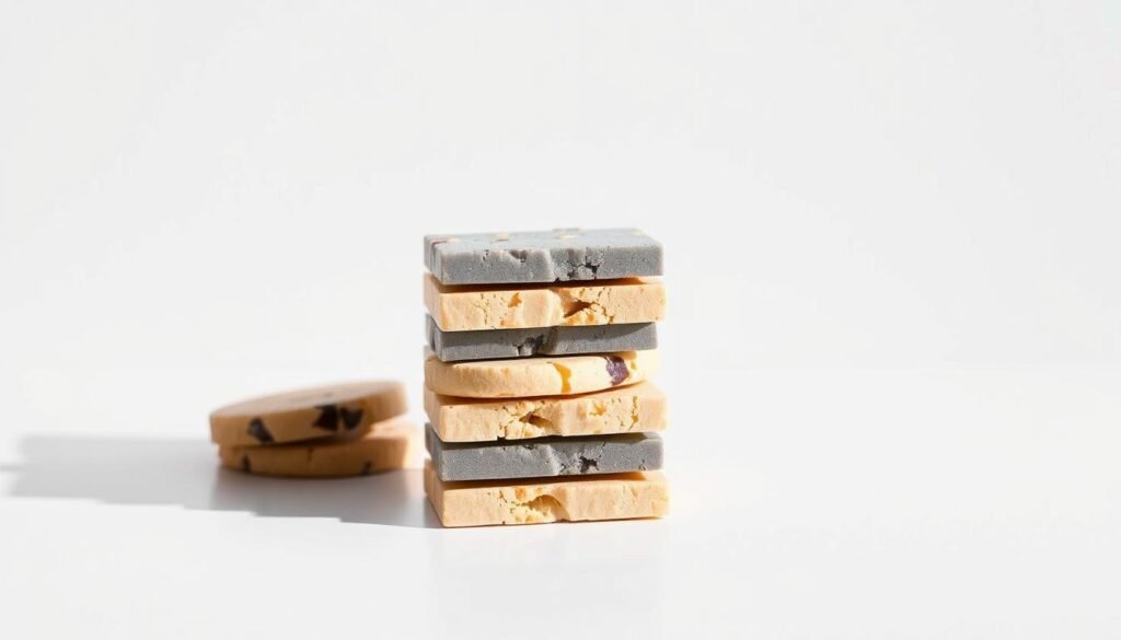 A stack of blocky, geometric cookies in shades of gray and beige, positioned on a sleek, minimalist table against a plain white background. The cookies are arranged in a grid-like pattern, resembling the structure of digital ads and trackers. Crisp, even lighting casts sharp shadows, conveying a sense of digital precision and efficiency. The scene exudes a subdued, clinical aesthetic, hinting at the function of these "block cookies" in filtering out unwanted online content. The overall composition suggests the systematic, unobtrusive nature of effective online privacy measures.
