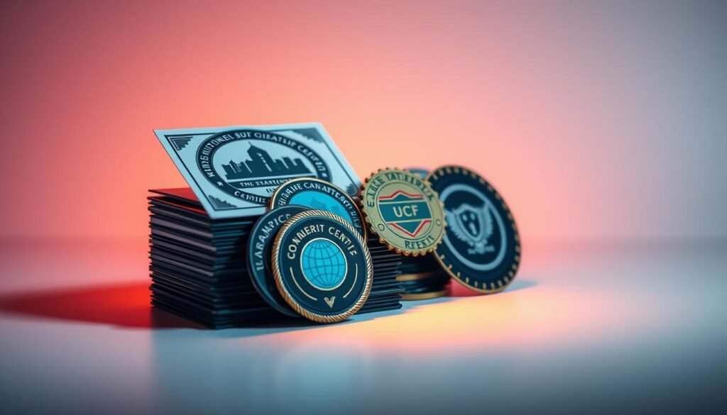 A stack of cybersecurity certification badges and emblems, illuminated by a warm, focused light, casting subtle shadows on a clean, minimalist background. The certifications are prominently displayed, conveying a sense of expertise and professionalism, without any distracting elements. The overall mood is one of authority, credibility, and the pursuit of knowledge in the field of cybersecurity, accessible to those dedicated to their craft, regardless of formal education. A stack of cybersecurity certification badges and emblems, illuminated by a warm, focused light, casting subtle shadows on a clean, minimalist background. The certifications are prominently displayed, conveying a sense of expertise and professionalism, without any distracting elements. The overall mood is one of authority, credibility, and the pursuit of knowledge in the field of cybersecurity, accessible to those dedicated to their craft, regardless of formal education.