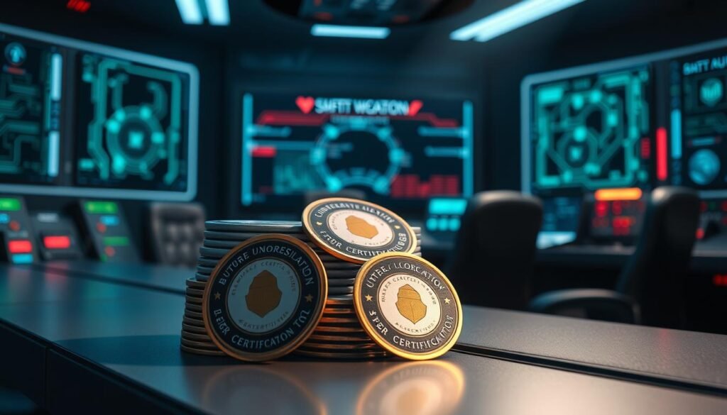 A stack of cybersecurity certification badges and seals, arranged neatly on a sleek, modern desk. The certifications are displayed against a backdrop of a dimly lit, high-tech control room, with holographic displays and glowing circuits in the background. Soft, directional lighting casts dramatic shadows, emphasizing the importance and authority of the certifications. The scene conveys a sense of professionalism, expertise, and the cutting-edge nature of the cybersecurity field.