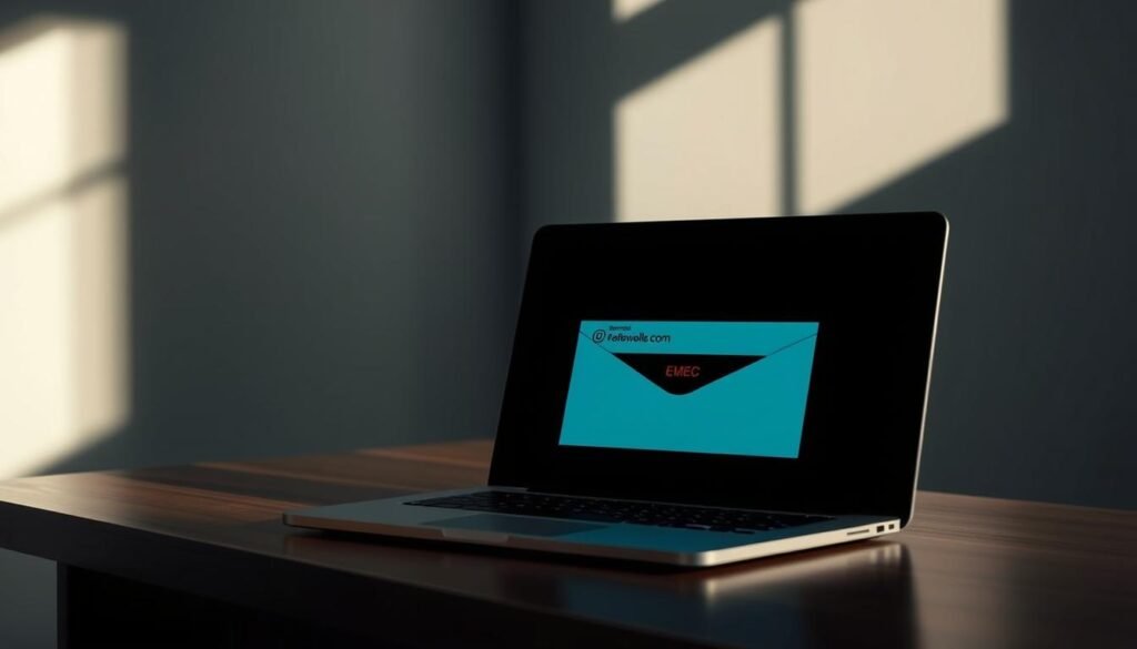 A stark, minimalist office scene. A laptop sits on a sleek wooden desk, its screen displaying an open email interface. The email header shows a forged sender address, mimicking a trusted colleague or executive. The background is softly blurred, emphasizing the deceptive nature of the email content. Dramatic, moody lighting casts long shadows, evoking a sense of unease and subterfuge. The image conveys the sophisticated tactics used in business email compromise (BEC) scams, where impersonation and account takeover tricks unsuspecting victims.