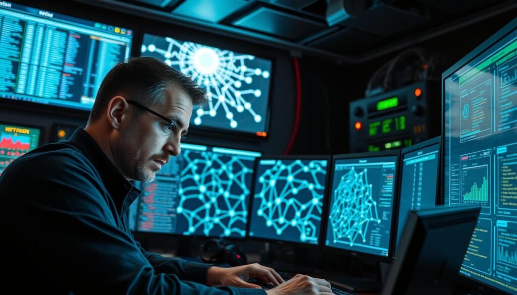 A state-of-the-art cybersecurity monitoring station, illuminated by the soft glow of multiple high-resolution displays. In the foreground, a skilled detection engineer intently analyzes intrusion detection logs, searching for anomalies and potential threats. The middle ground features a network topology visualization, with interconnected nodes pulsing with real-time traffic data. In the background, a vast array of cybersecurity tools and sensors stand ready, creating a layered defense against digital adversaries. The atmosphere is one of focused concentration, with the engineer's brow furrowed in deep thought as they work to protect the organization's critical assets. A state-of-the-art cybersecurity monitoring station, illuminated by the soft glow of multiple high-resolution displays. In the foreground, a skilled detection engineer intently analyzes intrusion detection logs, searching for anomalies and potential threats. The middle ground features a network topology visualization, with interconnected nodes pulsing with real-time traffic data. In the background, a vast array of cybersecurity tools and sensors stand ready, creating a layered defense against digital adversaries. The atmosphere is one of focused concentration, with the engineer's brow furrowed in deep thought as they work to protect the organization's critical assets.