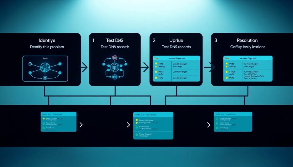 A step-by-step guide to fixing DNS misconfigurations, set against a clean, minimalist backdrop. In the foreground, a series of stylized network diagrams and configuration panels illustrate the key stages - identifying the problem, testing DNS settings, updating records, and verifying resolution. Soft, diffused lighting casts a professional, technical atmosphere, while the composition uses leading lines and symmetry to guide the viewer's eye. The overall mood is one of clarity, precision, and a methodical approach to troubleshooting. A step-by-step guide to fixing DNS misconfigurations, set against a clean, minimalist backdrop. In the foreground, a series of stylized network diagrams and configuration panels illustrate the key stages - identifying the problem, testing DNS settings, updating records, and verifying resolution. Soft, diffused lighting casts a professional, technical atmosphere, while the composition uses leading lines and symmetry to guide the viewer's eye. The overall mood is one of clarity, precision, and a methodical approach to troubleshooting.