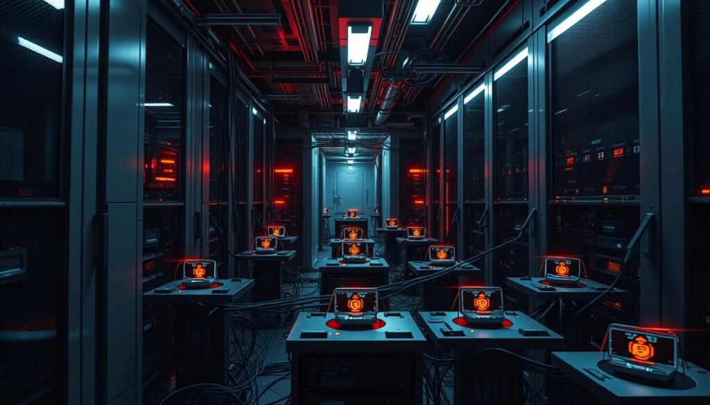 A strategic network of honeypots, their placement meticulously considered, nestled within a sleek, modern data center. Crisp, high-contrast lighting illuminates the intricate web of servers, cables, and monitoring systems. The scene evokes a sense of technological prowess and vigilance, with each honeypot subtly yet purposefully positioned to lure and observe potential intruders. The overall atmosphere is one of calculated control, where the defenders have the upper hand, ready to analyze and thwart any attempts to breach the network's security.