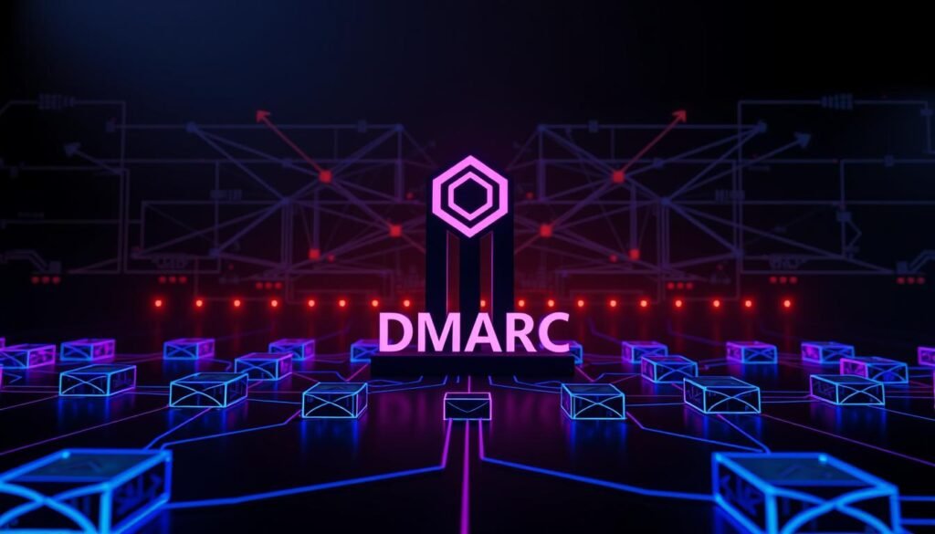 A striking 3D diagram showcasing the DMARC policy framework. In the foreground, a series of interconnected email servers and gateways, their outlines glowing with shades of blue and purple, symbolizing the alignment and authentication processes. The middle ground features a towering DMARC logo, its bold geometric form casting a shadow across the scene. In the background, a complex web of arrows and data flows illustrates the monitoring and reporting mechanisms, creating a sense of depth and technical sophistication. The lighting is dramatic, with strategic use of shadows and highlights to emphasize the architectural elements and the overall structure of the DMARC ecosystem. The mood is one of precision, control, and cybersecurity, conveying the importance of this email authentication protocol.