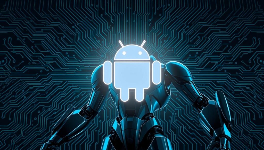 A striking digital illustration depicting Android device security. In the foreground, a powerful android robot stands guard, its metallic form imbued with a sleek, futuristic aesthetic. The robot's stance is resolute, its outstretched arms creating a protective barrier. In the middle ground, a stylized Android logo hovers, emanating a soft, glowing energy that radiates outward. The background features a complex, intricate circuit board pattern, representing the underlying technology that powers the Android operating system. The lighting is dramatic, with cool hues and sharp contrasts, creating a sense of strength and resilience. The overall composition conveys a strong, unwavering commitment to safeguarding Android devices from potential threats.