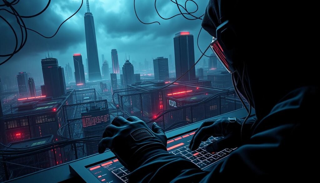 A striking image of API penetration testing, showcasing a dark and ominous cyber landscape. In the foreground, a skilled hacker's gloved hands deftly navigate a sleek, high-tech interface, probing and exploiting vulnerabilities in the API's defenses. The middle ground features a tangled web of digital infrastructure, with lines of code and data streams pulsing with an ominous energy. In the background, a towering, futuristic cityscape looms, its sleek, metallic facades suggesting the scale and complexity of the digital realm. The scene is illuminated by the glow of holographic displays and the flickering of security alerts, creating a tense and immersive atmosphere that reflects the gravity of API penetration testing.