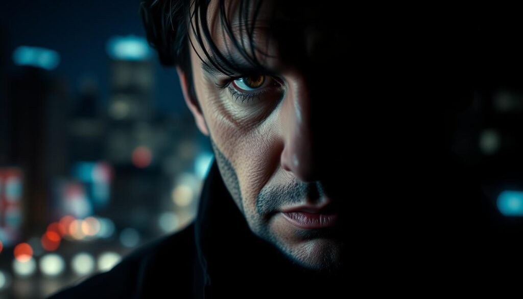 A striking portrait of the notorious hacker Kevin Mitnick, captured in a dramatic, cinematic style. Mitnick's intense gaze is the focal point, his face partially obscured by shadows, conveying a sense of mystery and intrigue. The background is a blurred cityscape, hinting at the urban landscapes he navigated during his two years on the run. Dramatic chiaroscuro lighting casts deep shadows, emphasizing the high-contrast, thriller-esque mood. The composition is tight, with Mitnick's face filling the frame, creating an intimate, almost confrontational atmosphere. The overall aesthetic evokes the cat-and-mouse thrill of Mitnick's legendary evade-and-infiltrate techniques, as he outwitted federal agents to access phone systems and computer networks. A striking portrait of the notorious hacker Kevin Mitnick, captured in a dramatic, cinematic style. Mitnick's intense gaze is the focal point, his face partially obscured by shadows, conveying a sense of mystery and intrigue. The background is a blurred cityscape, hinting at the urban landscapes he navigated during his two years on the run. Dramatic chiaroscuro lighting casts deep shadows, emphasizing the high-contrast, thriller-esque mood. The composition is tight, with Mitnick's face filling the frame, creating an intimate, almost confrontational atmosphere. The overall aesthetic evokes the cat-and-mouse thrill of Mitnick's legendary evade-and-infiltrate techniques, as he outwitted federal agents to access phone systems and computer networks.