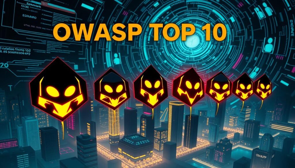 A striking visual illustration of the OWASP Top 10 vulnerabilities, captured in a bold, high-contrast style. In the foreground, a series of glowing, angular icons representing the key attack vectors - SQL injection, cross-site scripting, broken authentication, and more - hover ominously. In the middle ground, a cityscape of stylized web application components, rendered in shades of black, grey, and neon. The background is a swirling, abstract data visualization, hinting at the complex interplay of threats. The overall mood is one of technological menace, emphasizing the gravity of these security weaknesses. Dramatic lighting casts dramatic shadows, while a cinematic camera angle suggests the looming scale of the OWASP Top 10 challenge.