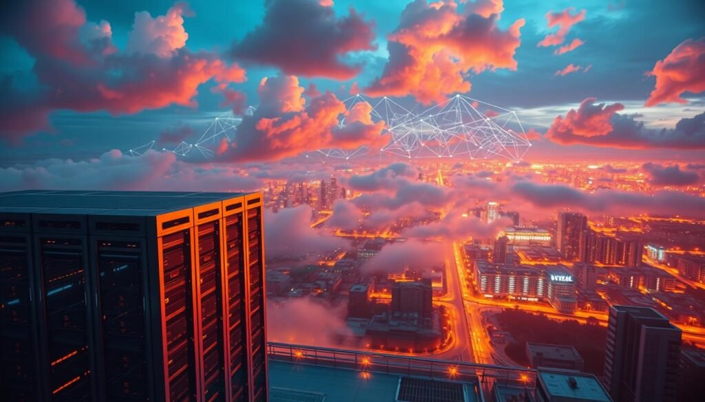 A stunning aerial view of a cloud computing infrastructure, showcasing operational best practices. In the foreground, a gleaming data center stands, its sleek servers and cooling towers bathed in warm, directional lighting. In the middle ground, a network of interconnected clouds drifts, symbolizing the seamless integration of cloud services. In the background, a vibrant cityscape emerges, representing the wider context of the cloud ecosystem. The scene conveys a sense of efficiency, security, and continuous monitoring, with a cinematic, almost futuristic atmosphere. A stunning aerial view of a cloud computing infrastructure, showcasing operational best practices. In the foreground, a gleaming data center stands, its sleek servers and cooling towers bathed in warm, directional lighting. In the middle ground, a network of interconnected clouds drifts, symbolizing the seamless integration of cloud services. In the background, a vibrant cityscape emerges, representing the wider context of the cloud ecosystem. The scene conveys a sense of efficiency, security, and continuous monitoring, with a cinematic, almost futuristic atmosphere.