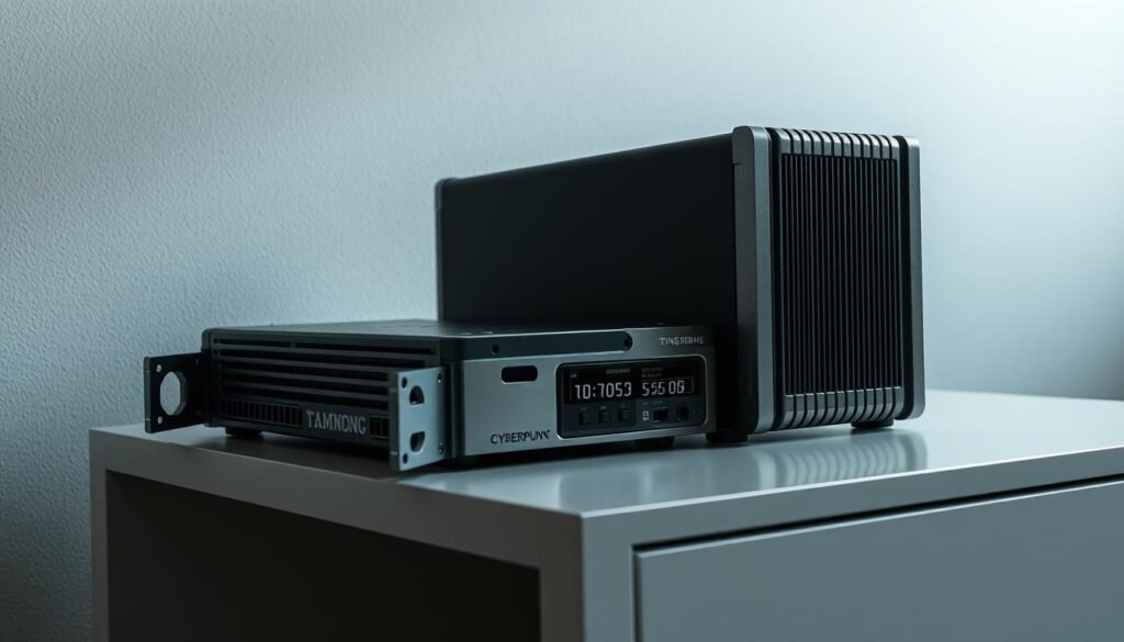A sturdy, enterprise-grade device rests on a sleek, minimalist desk. The device's metallic chassis gleams under the soft, directional lighting, conveying a sense of quality and durability. In the background, a neutral, gray-toned wall provides a clean, professional backdrop, allowing the device to take center stage. The overall composition suggests a careful, thoughtful approach to procurement and security, where form and function seamlessly converge to create a secure, long-lasting solution.