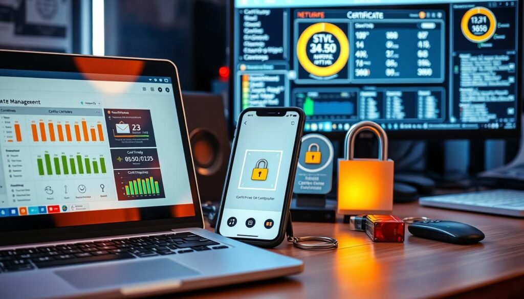 A stylish and professional close-up view of a desk with various SSL/TLS certificate management tools. In the foreground, a laptop displays a certificate management dashboard, with sleek UI elements and secure data visualizations. In the middle ground, a smartphone showcases a mobile-friendly certificate scanning app, its screen illuminated by a soft, warm lighting. In the background, an array of hardware security tokens and a high-resolution monitor displaying detailed certificate information create a sense of technical depth and capability. The overall scene conveys a sophisticated, task-oriented atmosphere, suitable for IT professionals seeking to optimize their SSL/TLS infrastructure.