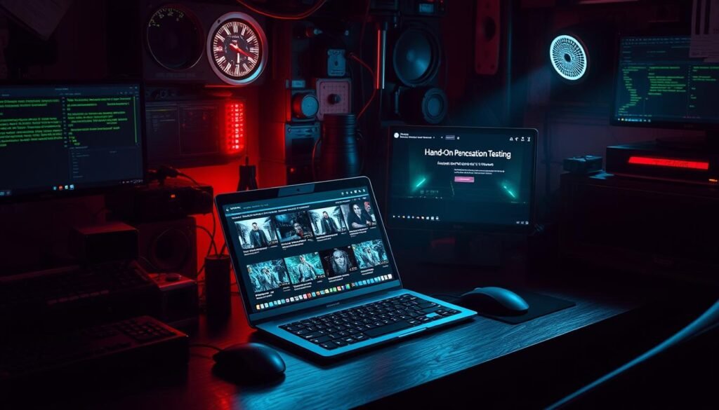A stylish workstation setup with a laptop, mouse, and keyboard, surrounded by various cybersecurity tools and equipment. The desktop displays a series of video thumbnails depicting hands-on penetration testing tutorials. Dramatic lighting casts shadows, creating an intense, technical atmosphere. The overall scene conveys a sense of focused learning and skill development in the field of ethical hacking.