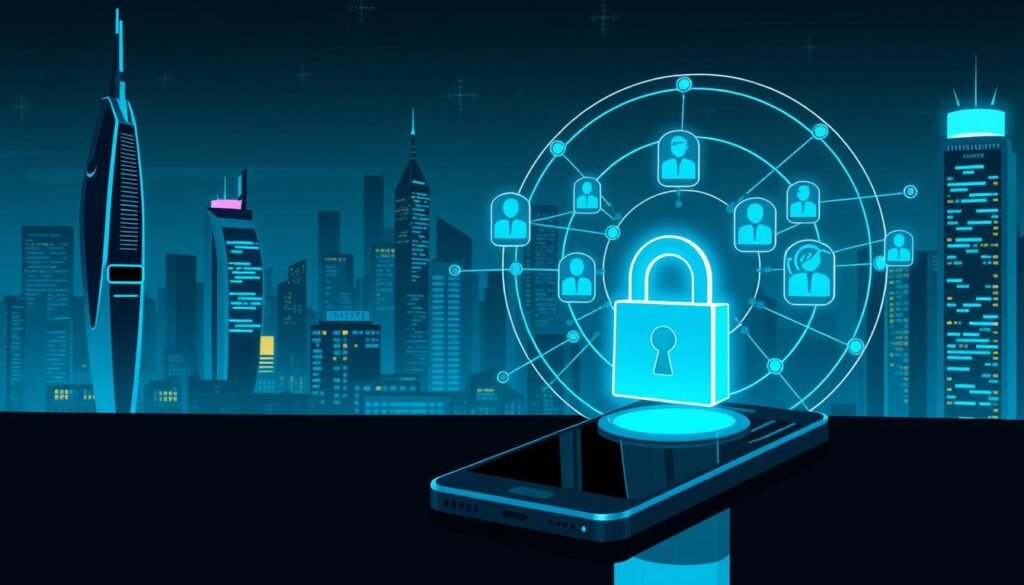 A stylized digital illustration depicting social media account protection. In the foreground, a secure lock icon hovers over a smartphone screen, representing the core security feature. In the middle ground, a network of interconnected accounts and profiles are shielded by a protective forcefield, hinting at comprehensive access controls. The background features a sleek, futuristic cityscape with glowing skyscrapers, conveying a sense of modern, tech-savvy security. The overall composition emanates a feeling of digital safeguarding, with a color palette of blues, grays, and subtle highlights to maintain a professional, authoritative tone.