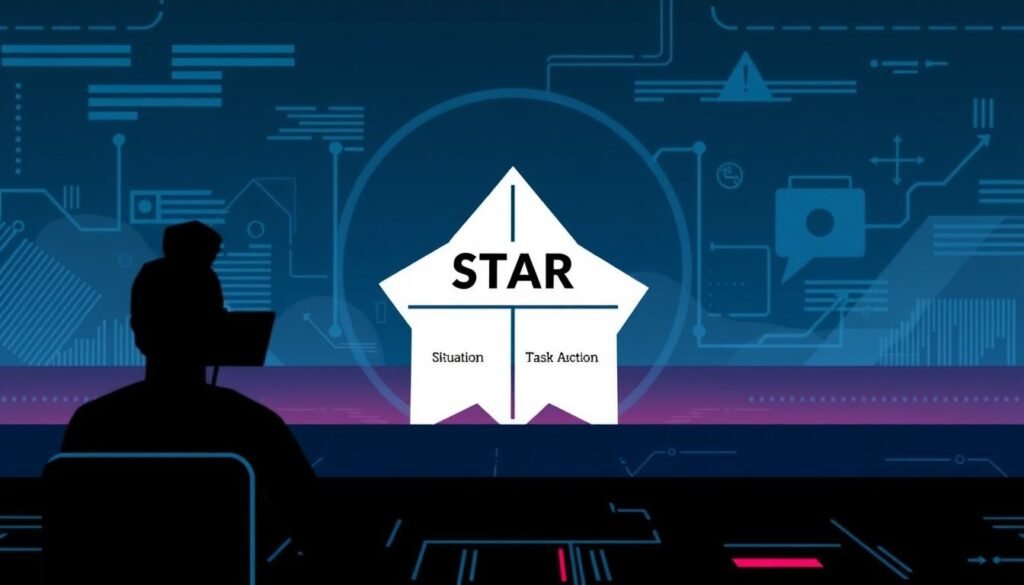 A stylized illustration depicting the STAR method for behavioral interview questions. In the foreground, a central graphic showcases the four key elements of the STAR framework - Situation, Task, Action, and Result - arranged in a clean, minimalist design. The middle ground features subtle background textures and geometric shapes, adding depth and visual interest. The overall mood is professional, informative, and visually engaging, perfectly suited to illustrate the "Prepare for Behavioral and Situational Questions" section of the article on acing cybersecurity job interviews. A stylized illustration depicting the STAR method for behavioral interview questions. In the foreground, a central graphic showcases the four key elements of the STAR framework - Situation, Task, Action, and Result - arranged in a clean, minimalist design. The middle ground features subtle background textures and geometric shapes, adding depth and visual interest. The overall mood is professional, informative, and visually engaging, perfectly suited to illustrate the "Prepare for Behavioral and Situational Questions" section of the article on acing cybersecurity job interviews.
