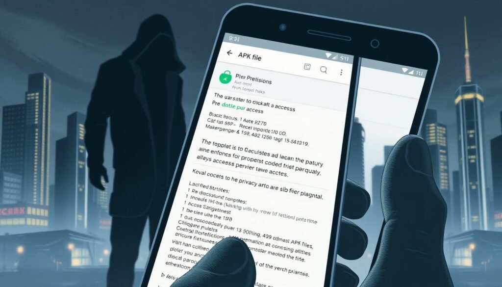 A stylized illustration depicting the risks and privacy concerns associated with APK files. In the foreground, a smartphone screen displays a detailed view of an APK file's permissions and data access, highlighting the potential privacy vulnerabilities. The middle ground features a shadowy figure lurking behind the phone, symbolizing the threat of malicious actors exploiting these vulnerabilities. In the background, a cityscape with towering skyscrapers conveys the sense of a modern, interconnected digital landscape where these risks can have far-reaching consequences. The scene is rendered in a muted color palette with subtle lighting and a sense of foreboding, underscoring the importance of carefully vetting APK files before installation.