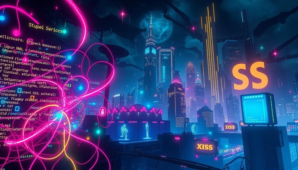 A surreal and abstract digital illustration depicting the various types of cross-site scripting (XSS) attacks. In the foreground, a tangled web of glowing script code in vibrant colors represents the different techniques, such as reflected, stored, and DOM-based XSS. The middle ground features stylized icons and symbols representing common attack vectors like form inputs, URL parameters, and third-party widgets. In the background, a dystopian cityscape of towering data structures and security firewalls looms ominously, conveying the pervasive nature of the threat. The image is rendered with a high-contrast, neon-infused palette, creating a sense of danger and urgency. Dramatic lighting and a low camera angle heighten the sense of scale and complexity of the XSS problem. A surreal and abstract digital illustration depicting the various types of cross-site scripting (XSS) attacks. In the foreground, a tangled web of glowing script code in vibrant colors represents the different techniques, such as reflected, stored, and DOM-based XSS. The middle ground features stylized icons and symbols representing common attack vectors like form inputs, URL parameters, and third-party widgets. In the background, a dystopian cityscape of towering data structures and security firewalls looms ominously, conveying the pervasive nature of the threat. The image is rendered with a high-contrast, neon-infused palette, creating a sense of danger and urgency. Dramatic lighting and a low camera angle heighten the sense of scale and complexity of the XSS problem.