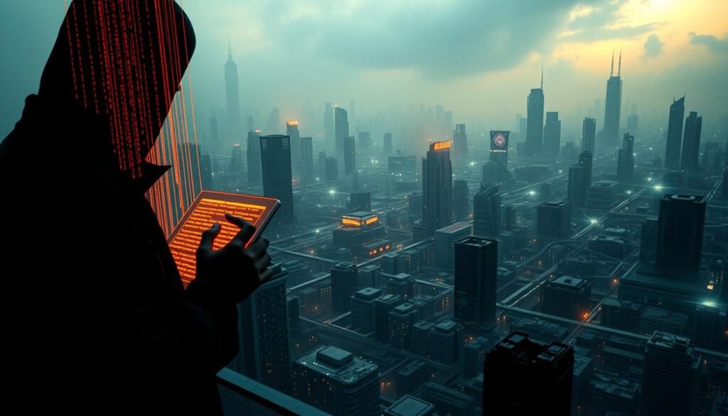 A surreal and ominous cyberpunk scene depicting browser mining scripts. In the foreground, a shadowy figure manipulates a glowing, holographic user interface, lines of code cascading like neon tendrils. In the middle ground, a vast, sprawling network of interconnected devices, each one a potential host for the malicious scripts. The background is a dystopian cityscape, skyscrapers and towers shrouded in a hazy, digital fog, the faint glow of mining rigs casting an eerie light. The mood is one of technological intrusion, a sense of hidden dangers lurking beneath the surface of the everyday. The lighting is dramatic, with stark contrasts and deep shadows, the angles tilted and distorted to create a sense of unease. Technical details like depth of field, chromatic aberration, and film grain lend an unsettling, cinematic quality to the scene.