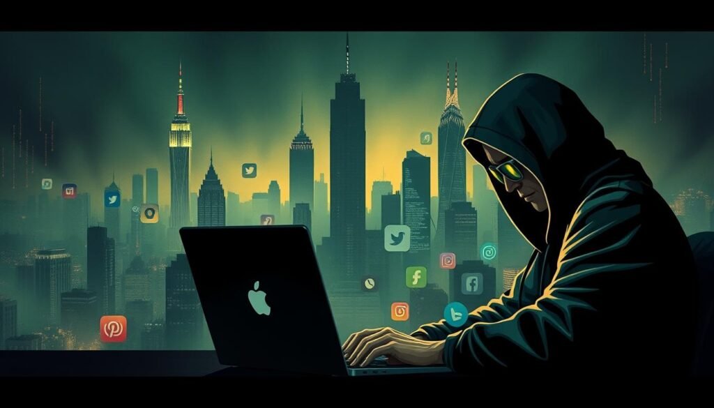 A surreal digital illustration depicting the dark underbelly of modern social media scams. In the foreground, a shadowy figure wearing a hoodie and sunglasses lurks behind a laptop, orchestrating nefarious schemes. The middle ground features various social media app icons, distorted and corrupted, symbolizing the platforms being exploited. In the background, a hazy cityscape backdrop, with towers of data and digital code, creating an ominous, dystopian atmosphere. The lighting is dramatic, with strong contrast and a haunting, eerie glow. The overall mood is one of unease, vulnerability, and the constant threat of digital deception. A surreal digital illustration depicting the dark underbelly of modern social media scams. In the foreground, a shadowy figure wearing a hoodie and sunglasses lurks behind a laptop, orchestrating nefarious schemes. The middle ground features various social media app icons, distorted and corrupted, symbolizing the platforms being exploited. In the background, a hazy cityscape backdrop, with towers of data and digital code, creating an ominous, dystopian atmosphere. The lighting is dramatic, with strong contrast and a haunting, eerie glow. The overall mood is one of unease, vulnerability, and the constant threat of digital deception.