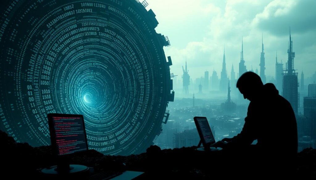 A surreal landscape depicting the lifecycle experience of a malware creator. In the foreground, a shadowy figure hunched over a glowing computer screen, lines of code cascading across the display. The middle ground reveals an abstract representation of the creator's evolving skillset - a spiral of binary data, algorithms, and intricate patterns. In the distance, a skyline of towering technological structures, their surfaces weathered and worn, symbolizing the "aging out" process as the creator's methods become outdated. The lighting is a moody, diffuse glow, casting an air of contemplation and introspection. The composition is surreal and dreamlike, inviting the viewer to ponder the psychological journey of the malware author. A surreal landscape depicting the lifecycle experience of a malware creator. In the foreground, a shadowy figure hunched over a glowing computer screen, lines of code cascading across the display. The middle ground reveals an abstract representation of the creator's evolving skillset - a spiral of binary data, algorithms, and intricate patterns. In the distance, a skyline of towering technological structures, their surfaces weathered and worn, symbolizing the "aging out" process as the creator's methods become outdated. The lighting is a moody, diffuse glow, casting an air of contemplation and introspection. The composition is surreal and dreamlike, inviting the viewer to ponder the psychological journey of the malware author.
