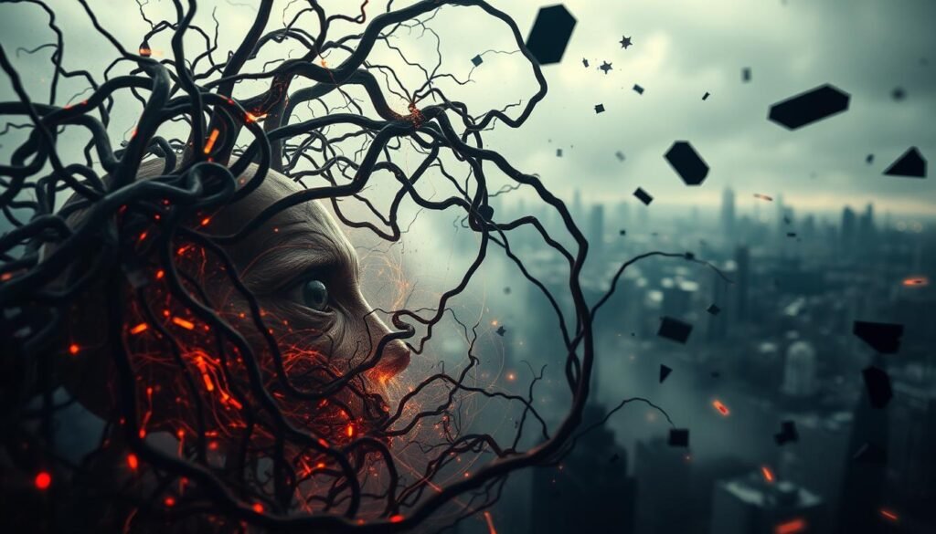 A surreal, unsettling scene of a human mind in flux. In the foreground, a swirling vortex of twisted neural pathways, pulsating with an unearthly energy. Amidst the chaos, a disembodied eye peers out, its gaze both probing and vacant. The middle ground is shrouded in a hazy, dreamlike atmosphere, with fragmented shapes and forms hinting at the complex workings of the subconscious. In the distant background, a blurred cityscape, its skyline ominous and foreboding, suggests the broader societal implications of the malicious behaviors being explored. Dramatic, high-contrast lighting casts deep shadows, creating a sense of tension and unease. Captured through the lens of a high-powered, macro-style camera, the image conveys the intricate, multifaceted nature of the mind of the malware author. A surreal, unsettling scene of a human mind in flux. In the foreground, a swirling vortex of twisted neural pathways, pulsating with an unearthly energy. Amidst the chaos, a disembodied eye peers out, its gaze both probing and vacant. The middle ground is shrouded in a hazy, dreamlike atmosphere, with fragmented shapes and forms hinting at the complex workings of the subconscious. In the distant background, a blurred cityscape, its skyline ominous and foreboding, suggests the broader societal implications of the malicious behaviors being explored. Dramatic, high-contrast lighting casts deep shadows, creating a sense of tension and unease. Captured through the lens of a high-powered, macro-style camera, the image conveys the intricate, multifaceted nature of the mind of the malware author.