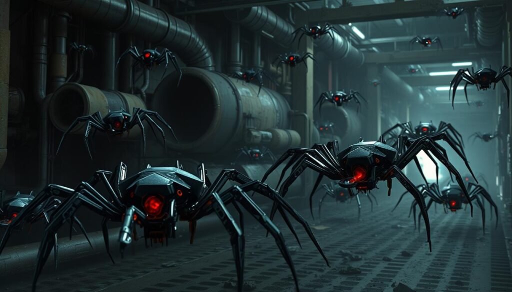 A swarm of metallic, arachnid-like entities scattered across a dimly lit, gritty industrial backdrop. The foreground is dominated by a cluster of these "Scattered Spiders" - their angular, faceted bodies and multiple jointed limbs poised for action, their red photoreceptors gleaming with a sinister intensity. In the middle ground, additional spider-drones are seen crawling along pipes, vents, and crevices, infiltrating the complex network of machinery and ducts. The background is shrouded in shadow, hinting at the vast, interconnected nature of this incursion. A sense of unease and technological menace permeates the scene, evoking the risk posed by these autonomous, potentially hostile systems. A swarm of metallic, arachnid-like entities scattered across a dimly lit, gritty industrial backdrop. The foreground is dominated by a cluster of these "Scattered Spiders" - their angular, faceted bodies and multiple jointed limbs poised for action, their red photoreceptors gleaming with a sinister intensity. In the middle ground, additional spider-drones are seen crawling along pipes, vents, and crevices, infiltrating the complex network of machinery and ducts. The background is shrouded in shadow, hinting at the vast, interconnected nature of this incursion. A sense of unease and technological menace permeates the scene, evoking the risk posed by these autonomous, potentially hostile systems.