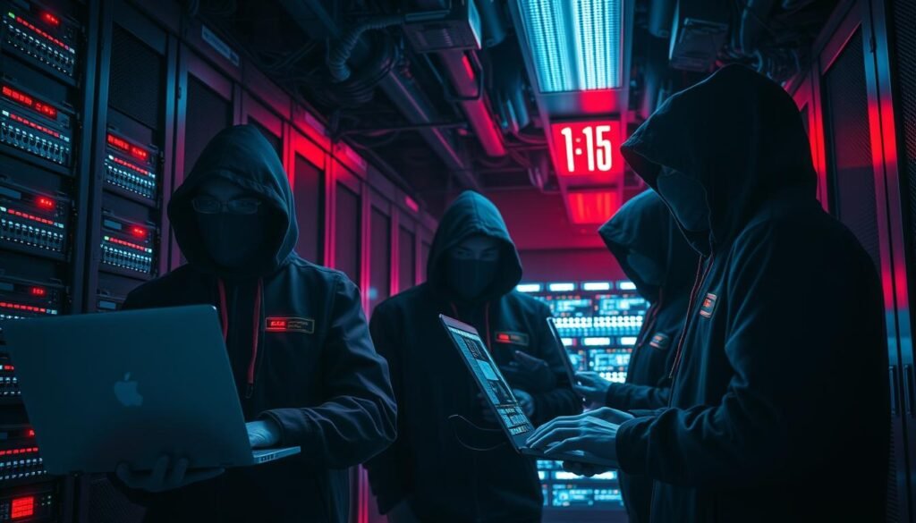 A team of cybersecurity experts in dark hooded jackets, armed with laptops and monitoring equipment, standing in a dimly lit server room filled with blinking network hardware. The red glow of emergency lights casts an ominous atmosphere, while the team members are intensely focused on their screens, planning a strategic network infiltration. The scene conveys a sense of determination and the high-stakes nature of the "red team" operation, as they strive to uncover vulnerabilities and test the defenses of a web application.