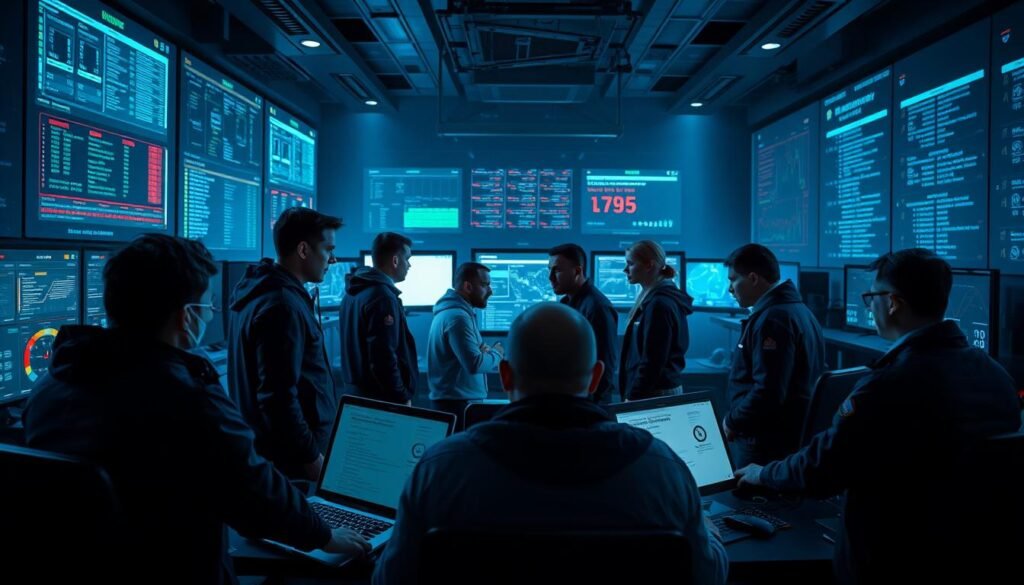 A team of cybersecurity professionals collaborating in a high-tech control room. In the foreground, analysts intently study multiple displays, monitoring network traffic and security alerts. In the middle ground, a group huddles around a central touchscreen, discussing strategies and sharing insights. The background is bathed in a soft, blue-tinted lighting, creating an atmosphere of focus and urgency. The scene conveys a sense of teamwork, coordination, and a relentless pursuit of safeguarding the digital landscape. A team of cybersecurity professionals collaborating in a high-tech control room. In the foreground, analysts intently study multiple displays, monitoring network traffic and security alerts. In the middle ground, a group huddles around a central touchscreen, discussing strategies and sharing insights. The background is bathed in a soft, blue-tinted lighting, creating an atmosphere of focus and urgency. The scene conveys a sense of teamwork, coordination, and a relentless pursuit of safeguarding the digital landscape.