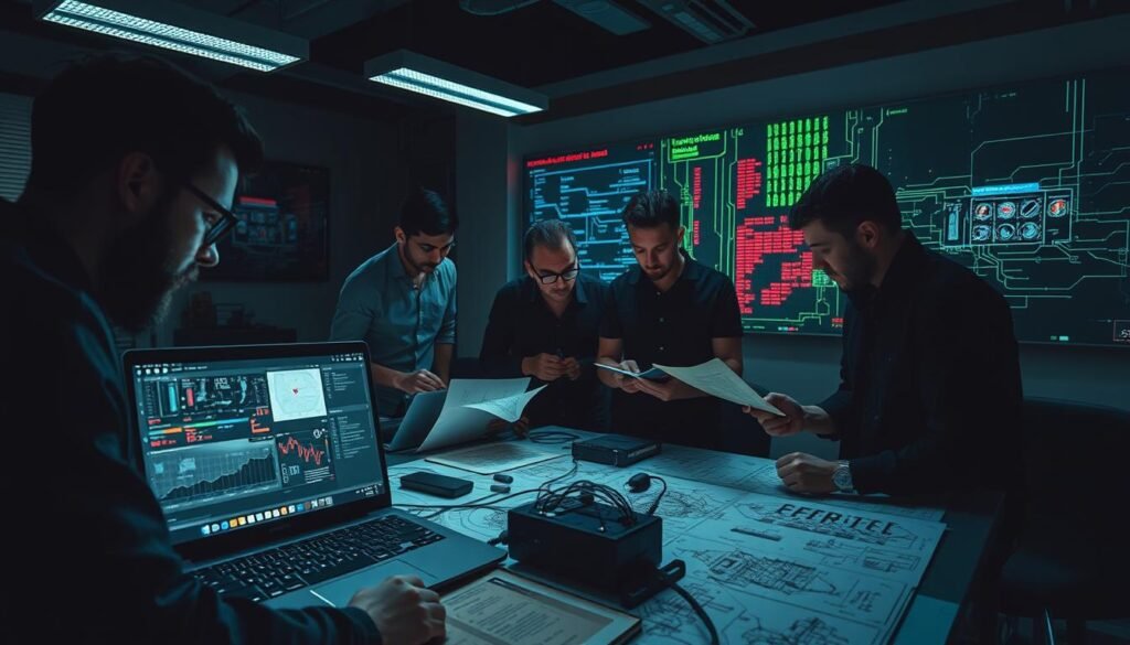 A team of cybersecurity professionals gathered around a briefing table, poring over detailed schematics and network diagrams. Dim overhead lighting casts dramatic shadows, creating an atmosphere of focused intensity. In the foreground, a laptop displays a complex dashboard of security tools, while team members exchange hushed, urgent conversations. The middle ground features an array of specialized equipment - penetration testing devices, wireless sniffers, and encrypted communication devices. In the background, a large wall-mounted display showcases a real-time feed of network activity, highlighting potential vulnerabilities. The overall scene conveys a sense of meticulous preparation, strategic planning, and the high-stakes nature of a red team engagement.
