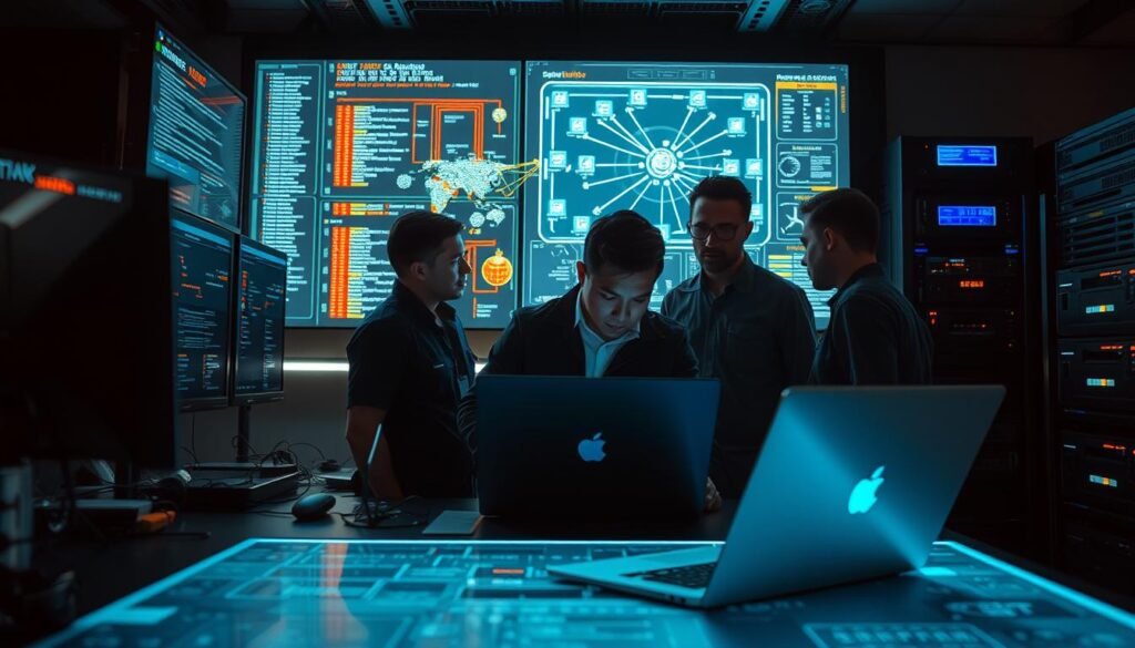 A team of cybersecurity professionals intently examining a network diagram on a large digital display, bathed in the glow of multiple monitors. The foreground features a strategically placed laptop, with various security tools and dashboards visible. The middle ground shows the team collaborating, studying potential attack vectors and discussing mitigation strategies. In the background, a rack of servers and security appliances casts an authoritative presence, conveying the gravity of the situation. Soft, directional lighting illuminates the scene, creating a focused, serious atmosphere as the team works to identify and address critical vulnerabilities before they can be exploited. A team of cybersecurity professionals intently examining a network diagram on a large digital display, bathed in the glow of multiple monitors. The foreground features a strategically placed laptop, with various security tools and dashboards visible. The middle ground shows the team collaborating, studying potential attack vectors and discussing mitigation strategies. In the background, a rack of servers and security appliances casts an authoritative presence, conveying the gravity of the situation. Soft, directional lighting illuminates the scene, creating a focused, serious atmosphere as the team works to identify and address critical vulnerabilities before they can be exploited.