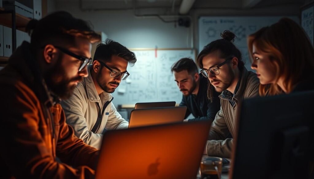 A team of diverse researchers collaborating intently, their faces illuminated by the warm glow of multiple computer screens in a cozy, well-lit office. The foreground shows two researchers deeply engaged, their body language suggesting a productive discussion. In the middle ground, another researcher is typing furiously, brow furrowed in concentration. The background reveals a whiteboard filled with technical diagrams and notes, hinting at the complex work being undertaken. The overall atmosphere conveys a sense of focus, diligence, and the thrill of discovery, as the researchers work together to uncover innovative solutions. A team of diverse researchers collaborating intently, their faces illuminated by the warm glow of multiple computer screens in a cozy, well-lit office. The foreground shows two researchers deeply engaged, their body language suggesting a productive discussion. In the middle ground, another researcher is typing furiously, brow furrowed in concentration. The background reveals a whiteboard filled with technical diagrams and notes, hinting at the complex work being undertaken. The overall atmosphere conveys a sense of focus, diligence, and the thrill of discovery, as the researchers work together to uncover innovative solutions.