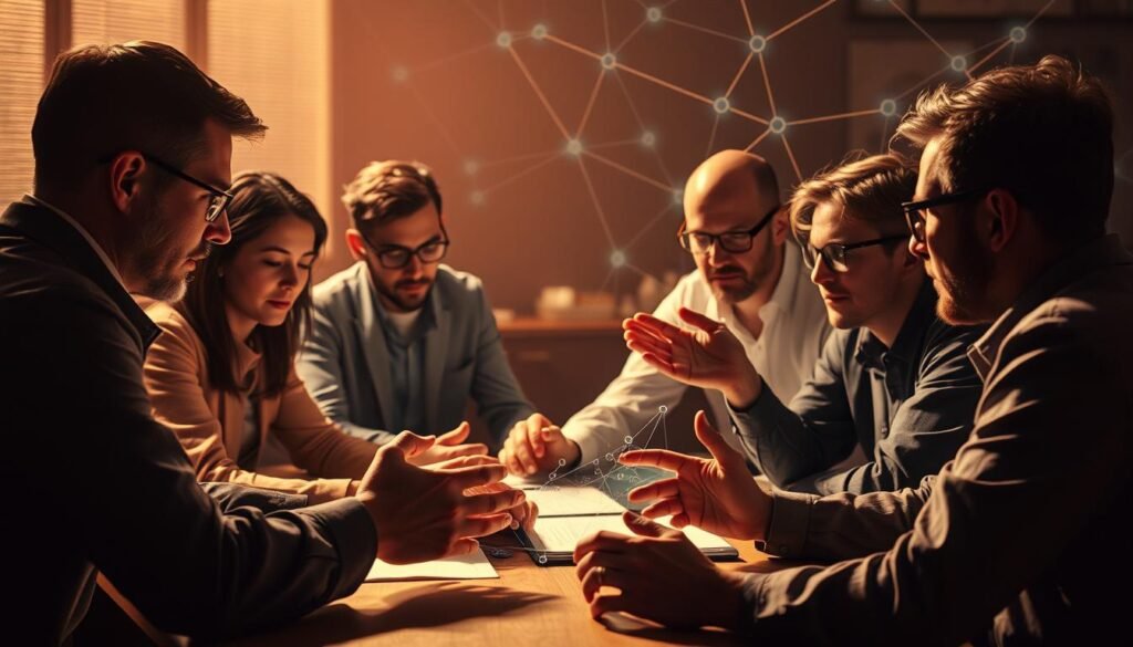 A team of experts gathered around a table, deep in discussion, their expressions focused and collaborative. The scene is bathed in warm, diffused lighting, creating a sense of thoughtful contemplation. In the foreground, hands gesture emphatically as they exchange ideas, while in the background, a stylized network of connections and data flows visualize the sharing of knowledge and expertise. The overall atmosphere conveys the value of interdisciplinary collaboration in tackling complex challenges.