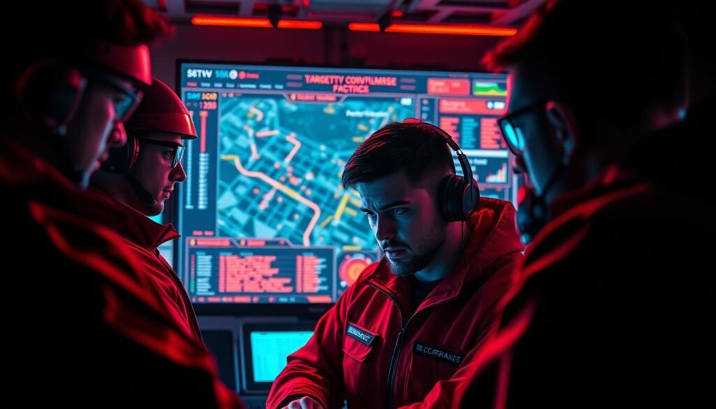 A team of red-clad cybersecurity specialists gathered around a command center, their faces illuminated by the glow of multiple screens. In the foreground, a lead analyst meticulously examines network traffic, brow furrowed in concentration. Behind them, a tactical map of the target environment displays real-time data, pinpointing areas of compromise. The atmosphere is tense yet focused, as the team works in tandem to triage the situation, deciding whether to salvage, reset, or fail fast. The lighting is a moody blend of red and blue hues, casting dramatic shadows that heighten the sense of urgency. This is a high-stakes moment, where split-second decisions could mean the difference between success and failure. A team of red-clad cybersecurity specialists gathered around a command center, their faces illuminated by the glow of multiple screens. In the foreground, a lead analyst meticulously examines network traffic, brow furrowed in concentration. Behind them, a tactical map of the target environment displays real-time data, pinpointing areas of compromise. The atmosphere is tense yet focused, as the team works in tandem to triage the situation, deciding whether to salvage, reset, or fail fast. The lighting is a moody blend of red and blue hues, casting dramatic shadows that heighten the sense of urgency. This is a high-stakes moment, where split-second decisions could mean the difference between success and failure.