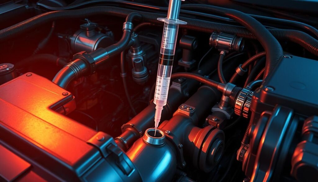 A technical illustration of an engine bay, showcasing the intricate plumbing and wiring underneath the hood. A focused close-up view reveals a syringe penetrating a fuel line, symbolizing the injection vulnerability. Dramatic lighting casts dramatic shadows, conveying the gravity of the situation. The metallic surfaces reflect the syringe's movements, emphasizing the precision of the attack. The overall scene is rendered in a highly detailed, photorealistic style that highlights the mechanical complexity of modern vehicle architectures. A technical illustration of an engine bay, showcasing the intricate plumbing and wiring underneath the hood. A focused close-up view reveals a syringe penetrating a fuel line, symbolizing the injection vulnerability. Dramatic lighting casts dramatic shadows, conveying the gravity of the situation. The metallic surfaces reflect the syringe's movements, emphasizing the precision of the attack. The overall scene is rendered in a highly detailed, photorealistic style that highlights the mechanical complexity of modern vehicle architectures.