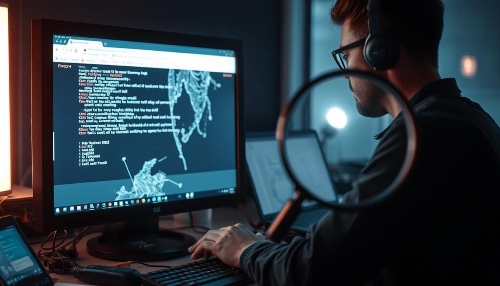 A technician meticulously examining a damaged website, the screen displaying error messages and glitches. In the foreground, a desktop computer setup with an open terminal, various cables, and repair tools. The middle ground shows a magnifying glass hovering over the screen, highlighting the intricate troubleshooting process. The background depicts a dimly lit office, with the faint glow of the monitor casting a soft light, conveying a sense of focused determination to restore the website to full functionality. The scene is captured with a shallow depth of field, emphasizing the technician's intense concentration on the recovery task at hand. A technician meticulously examining a damaged website, the screen displaying error messages and glitches. In the foreground, a desktop computer setup with an open terminal, various cables, and repair tools. The middle ground shows a magnifying glass hovering over the screen, highlighting the intricate troubleshooting process. The background depicts a dimly lit office, with the faint glow of the monitor casting a soft light, conveying a sense of focused determination to restore the website to full functionality. The scene is captured with a shallow depth of field, emphasizing the technician's intense concentration on the recovery task at hand.