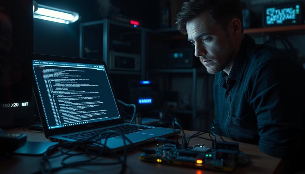 A technician's workspace, dimly lit by the glow of a computer monitor. On the desk, an open laptop displays lines of code and diagnostic tools, the focus of intense troubleshooting. Cables snake across the surface, connecting the laptop to a circuit board, its components glowing with a faint electronic hue. In the background, shelves hold an array of electronic devices, each a potential source of the firmware issue at hand. The atmosphere is one of concentration and problem-solving, with the technician's brow furrowed in deep thought as they navigate the complexities of the system.
