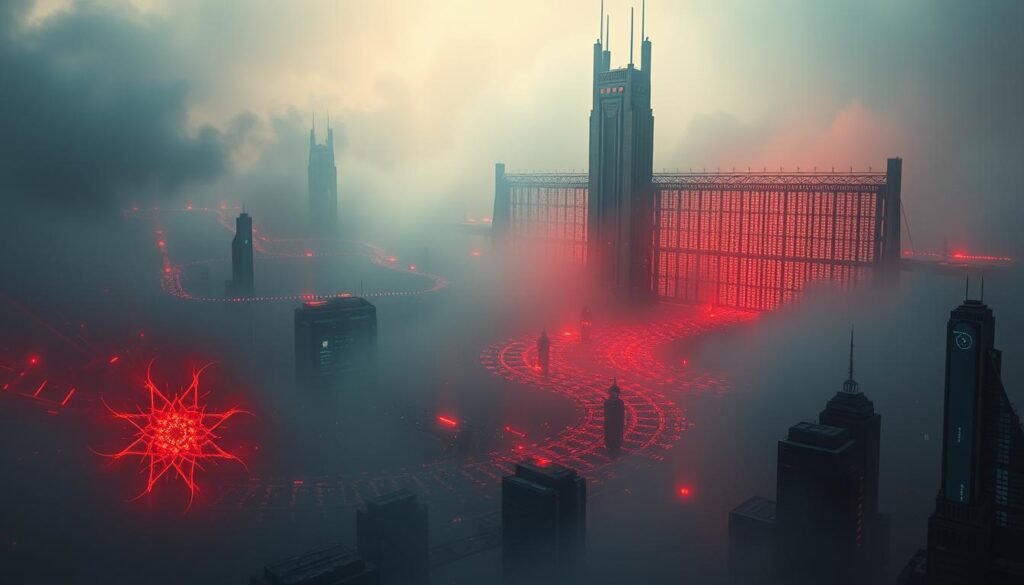 A technopolis landscape shrouded in digital mist, a life cycle of vulnerability unfolding. In the foreground, a glowing fractal scar, the hidden flaw pulsing with latent power. Surrounding it, a swirling vortex of code fragments, binary patterns, and ghostly figures - the exploits, probes, and intrusions that seek to unleash its destructive potential. In the distance, a towering firewall, its defenses steadily eroding, as the patch is hurriedly deployed to seal the breach. Backlit by an ominous crimson glow, the scene conveys the high-stakes drama of the zero-day lifecycle, from obscured weakness to public reckoning.