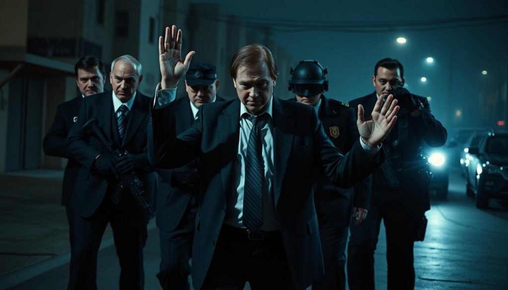 A tense, dramatic scene of the arrest of infamous hacker Kevin Mitnick. In the foreground, Mitnick stands with hands raised, surrounded by a team of stern-faced federal agents in suits and tactical gear. Their expressions convey a sense of triumph and justice served. In the middle ground, the agents move in quickly, securing Mitnick and placing him under arrest. The background is a nondescript urban setting, with the faint outlines of buildings and vehicles suggesting the clandestine operation unfolding. Dramatic chiaroscuro lighting casts deep shadows, heightening the intensity of the moment. The overall mood is one of high-stakes confrontation, a pivotal turning point in the history of cybercrime and security. A tense, dramatic scene of the arrest of infamous hacker Kevin Mitnick. In the foreground, Mitnick stands with hands raised, surrounded by a team of stern-faced federal agents in suits and tactical gear. Their expressions convey a sense of triumph and justice served. In the middle ground, the agents move in quickly, securing Mitnick and placing him under arrest. The background is a nondescript urban setting, with the faint outlines of buildings and vehicles suggesting the clandestine operation unfolding. Dramatic chiaroscuro lighting casts deep shadows, heightening the intensity of the moment. The overall mood is one of high-stakes confrontation, a pivotal turning point in the history of cybercrime and security.