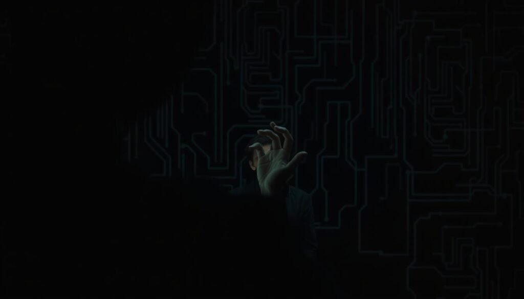 A tense, shadowy scene depicting the psychology of social engineering manipulation. In the foreground, a faceless figure leans in, body language exuding subtle menace and coercion. Their hands gesture persuasively, drawing the viewer's eye. In the middle ground, a target individual appears conflicted, brow furrowed, caught between trust and unease. Dim lighting casts dramatic chiaroscuro, creating an atmosphere of unease and uncertainty. In the background, a maze of abstract shapes and lines evokes the complex cognitive biases exploited by social engineering attacks. Cinematic depth of field and moody color tones amplify the psychological tension.