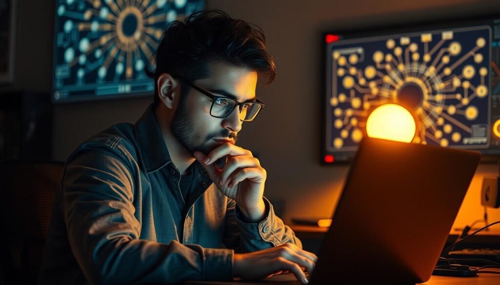 A thoughtful, focused individual sits at a desk, deeply engaged with a laptop, their expression conveying intense concentration. The lighting is warm and ambient, casting a soft glow that highlights the subject's features. In the background, a wall-mounted display showcases a complex network diagram, symbolizing the depth of their technical expertise. The overall atmosphere is one of intellectual curiosity, problem-solving, and a commitment to ethical principles. The subject's demeanor exudes an aura of discipline, attention to detail, and a relentless pursuit of understanding the intricacies of digital security.