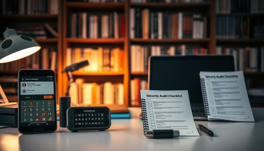 A tidy arrangement of security checkup tools on a clean desk, bathed in warm, focused lighting. In the foreground, a smartphone, password manager, and two-factor authentication device stand ready. In the middle ground, a laptop and a security audit checklist await inspection. The background features a bookshelf filled with cybersecurity references, casting a reassuring, professional atmosphere. The scene conveys a sense of diligence, attention to detail, and a proactive approach to digital safety. A tidy arrangement of security checkup tools on a clean desk, bathed in warm, focused lighting. In the foreground, a smartphone, password manager, and two-factor authentication device stand ready. In the middle ground, a laptop and a security audit checklist await inspection. The background features a bookshelf filled with cybersecurity references, casting a reassuring, professional atmosphere. The scene conveys a sense of diligence, attention to detail, and a proactive approach to digital safety.