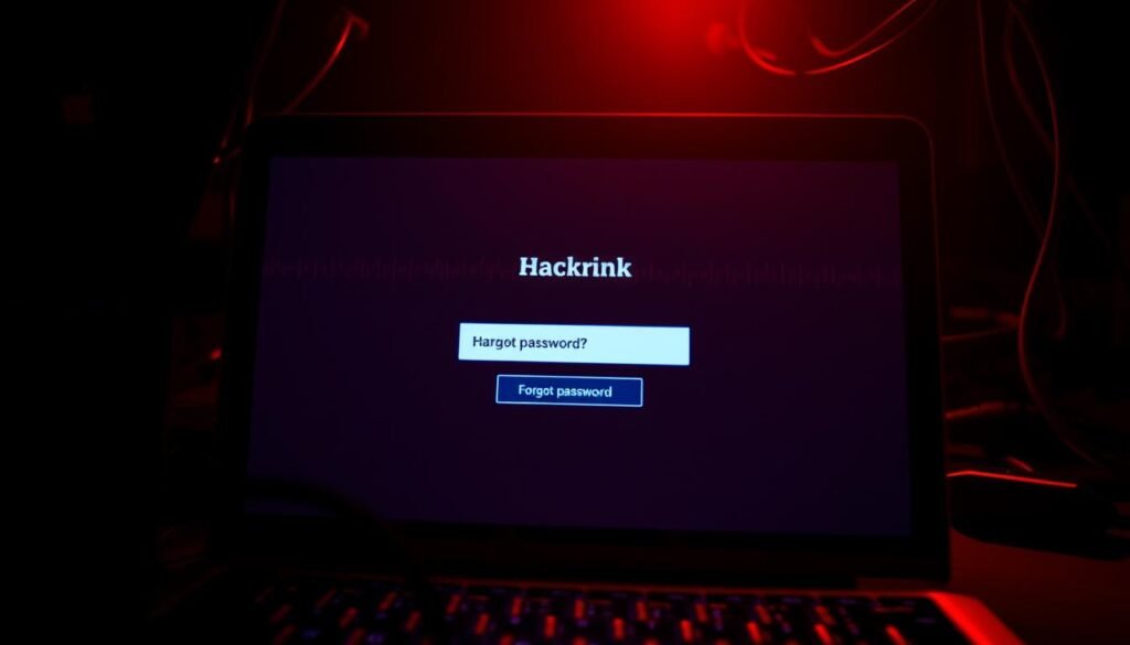 A tightly cropped close-up view of a hacked email account, displaying a login screen with a password field and "Forgot Password" link. The screen is illuminated by an ominous red glow, casting dramatic shadows. In the background, silhouettes of digital devices and network cables create a foreboding cyberpunk atmosphere. The overall scene conveys a sense of vulnerability and the urgent need to secure one's digital identity. A tightly cropped close-up view of a hacked email account, displaying a login screen with a password field and "Forgot Password" link. The screen is illuminated by an ominous red glow, casting dramatic shadows. In the background, silhouettes of digital devices and network cables create a foreboding cyberpunk atmosphere. The overall scene conveys a sense of vulnerability and the urgent need to secure one's digital identity.
