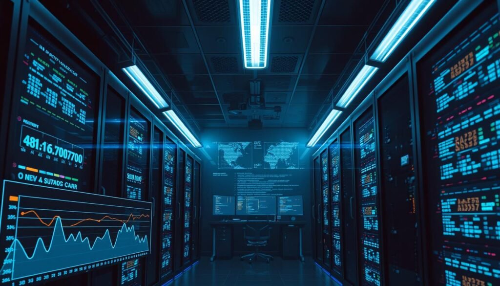 A tightly secured server room, illuminated by a grid of cool, fluorescent lights. In the foreground, a digital dashboard displays a series of graphs and metrics, visualizing the ebb and flow of network traffic. Towering server racks line the walls, their blinking LEDs casting a hypnotic glow. In the middle ground, a security console stands vigilant, monitoring for signs of abuse or DDoS attacks. The background is shrouded in a haze of data, with lines of code and cryptic symbols flickering across multiple screens. The overall atmosphere is one of controlled power and technological sophistication, reflecting the need for robust access control and rate limiting to protect the API's integrity. A tightly secured server room, illuminated by a grid of cool, fluorescent lights. In the foreground, a digital dashboard displays a series of graphs and metrics, visualizing the ebb and flow of network traffic. Towering server racks line the walls, their blinking LEDs casting a hypnotic glow. In the middle ground, a security console stands vigilant, monitoring for signs of abuse or DDoS attacks. The background is shrouded in a haze of data, with lines of code and cryptic symbols flickering across multiple screens. The overall atmosphere is one of controlled power and technological sophistication, reflecting the need for robust access control and rate limiting to protect the API's integrity.