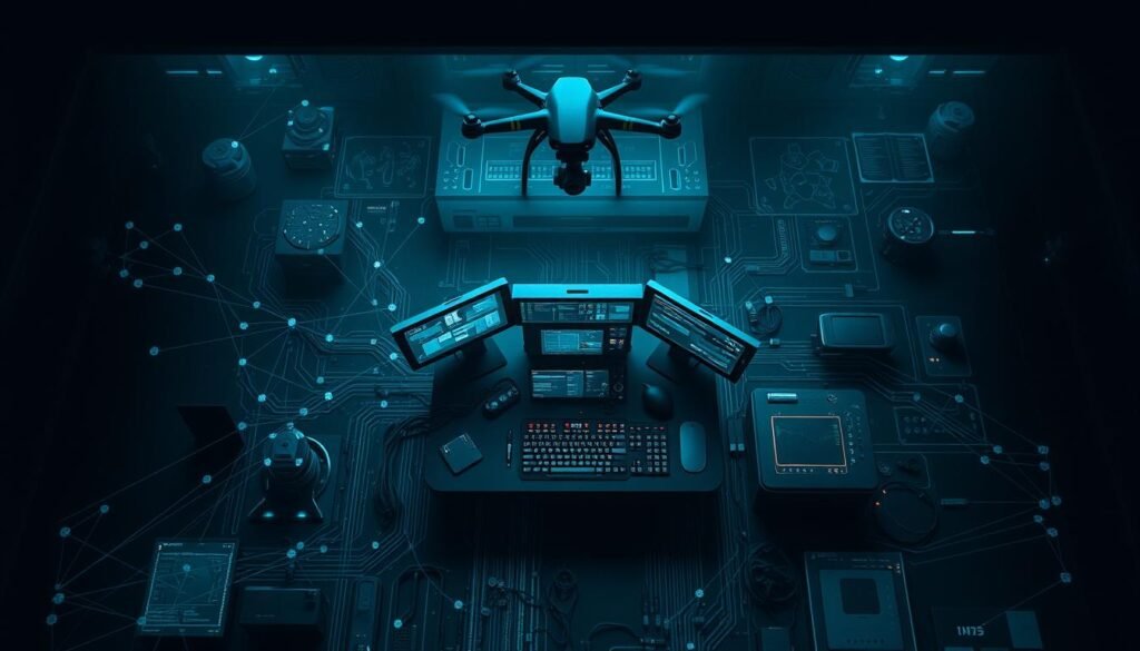 A top-down view of a complex cyber operation, with a darkened background conveying the covert nature of the work. In the foreground, a web of interconnected nodes and lines representing the flow of digital information, hacker tools, and encrypted communication channels. The middle ground features a central command console, its screens displaying live data feeds, system diagnostics, and tactical overlays. Overhead, a lone drone hovers, its camera lens scanning the environment. Dramatic lighting casts deep shadows, creating a sense of mystery and intensity. The overall atmosphere is one of high-stakes, precision-driven cyber warfare.