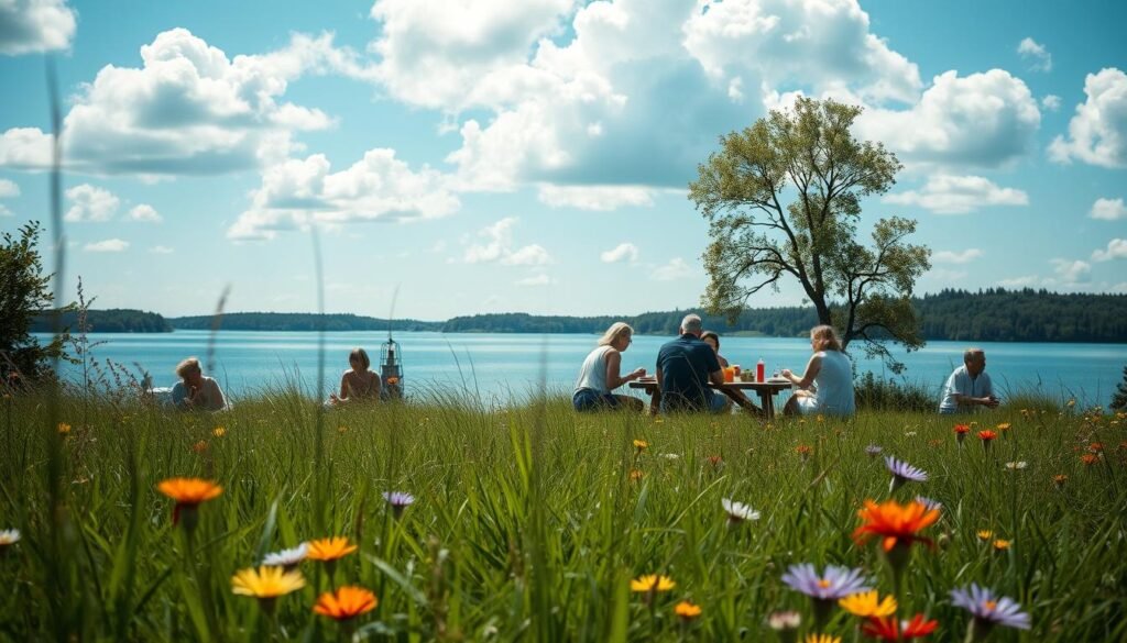 A tranquil meadow with lush, verdant grass and vibrant wildflowers in the foreground. In the middle ground, a group of people gathered around a picnic table, engaged in lively conversation and sharing a meal. In the background, a serene lake reflects the azure sky, dotted with fluffy white clouds. The overall scene exudes a sense of simplicity, community, and connection, conveying the idea of a privacy-focused social media experience.