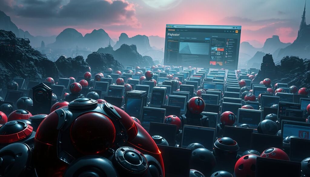 A vast, cyberpunk-inspired landscape stretches out, dominated by an ominous array of browsers, each a gaping maw of potential vulnerability. In the foreground, a cluster of sleek, futuristic browser icons loom, their edges sharp and their surfaces gleaming with an unsettling artificial sheen. The middle ground is a maze of interconnected windows and tabs, each a potential entry point for malicious actors. In the distance, a towering, hyper-realistic browser window casts an ominous shadow over the entire scene, its vast size and imposing presence a testament to the ever-growing threat landscape. The lighting is harsh and unyielding, casting deep shadows and stark contrasts, evoking a sense of danger and unease. The overall atmosphere is one of technological supremacy, where browsers have become the new battleground for the war against online threats.