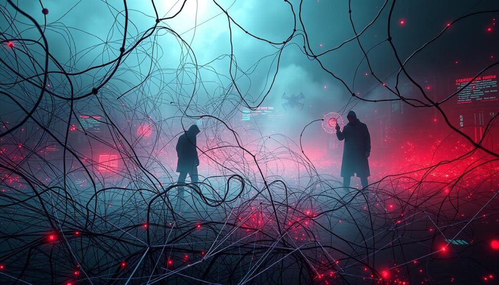 A vast digital landscape, a web of interconnected devices, with swarms of malicious code swirling and propagating. In the foreground, a tangled mesh of lines and nodes, representing the complex infrastructure of a botnet, its tendrils reaching out to infect and enslave more systems. Shadowy figures lurk in the background, orchestrating the chaos, their digital commands rippling through the network. The scene is bathed in an eerie, sickly glow, conveying the ominous nature of this threat. Diffuse light filters through the haze, casting an unsettling atmosphere. The image should evoke a sense of unease and the unseen, underlying danger of this type of malware spread.